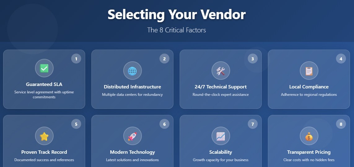 Infographic titled "Selecting Your Vendor: The 8 Critical Factors" listing Guaranteed SLA, Distributed Infrastructure, 24/7 Technical Support, Local Compliance, Proven Track Record, Modern Technology, Scalability, and Transparent Pricing.