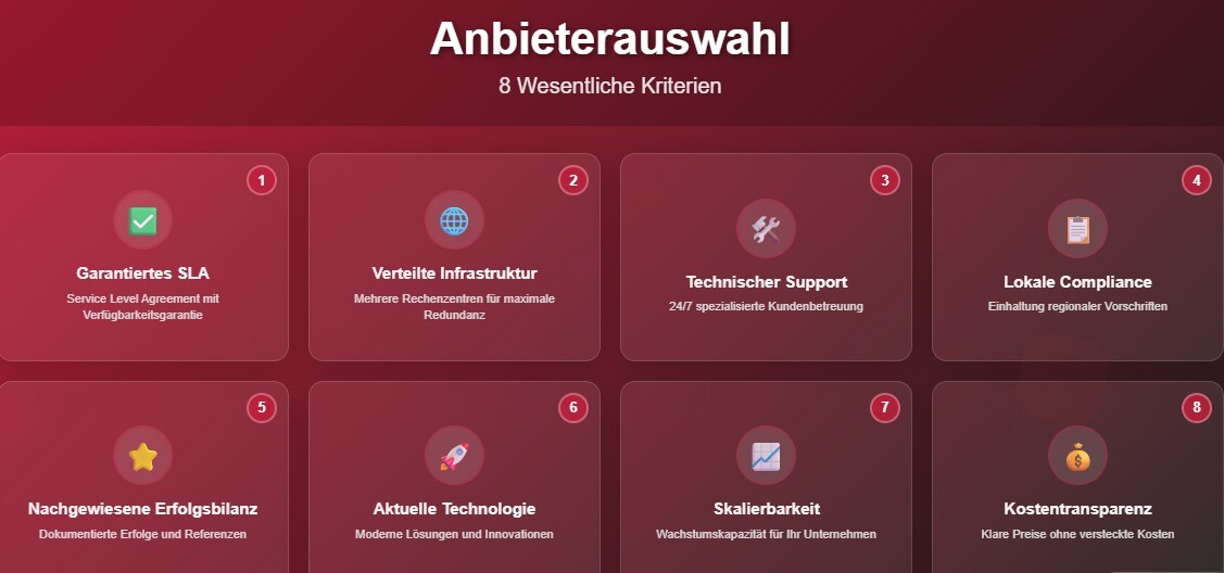 Infografik "Anbieterauswahl: 8 wesentliche Kriterien" mit Garantierter SLA, Verteilte Infrastruktur, Technischer Support, Lokale Compliance, Nachgewiesene Erfolgsbilanz, Aktuelle Technologie, Skalierbarkeit und Kostentransparenz.